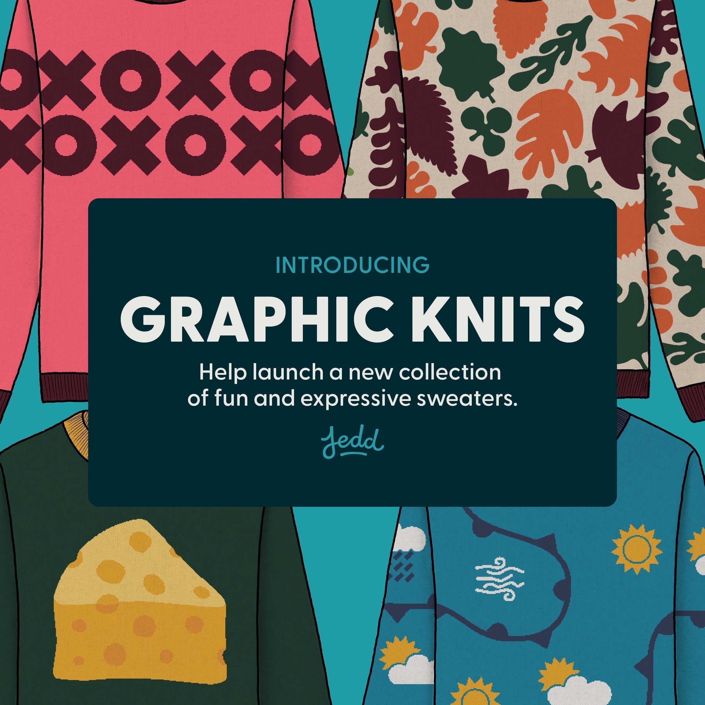 Introducing Graphic Knits. title card with four graphic sweater design patterns in the background.