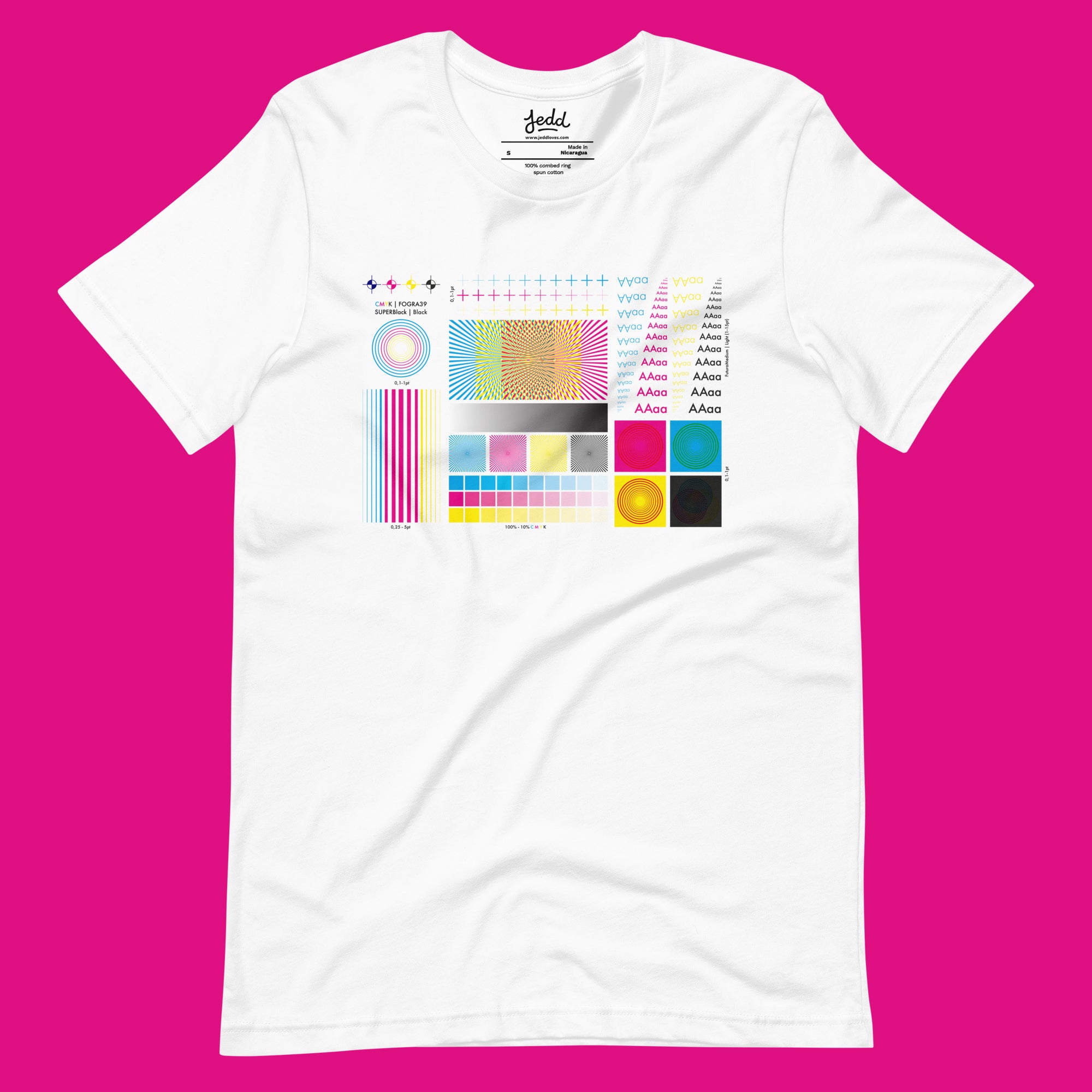 White t-shirt with colorful pattern on a pink background