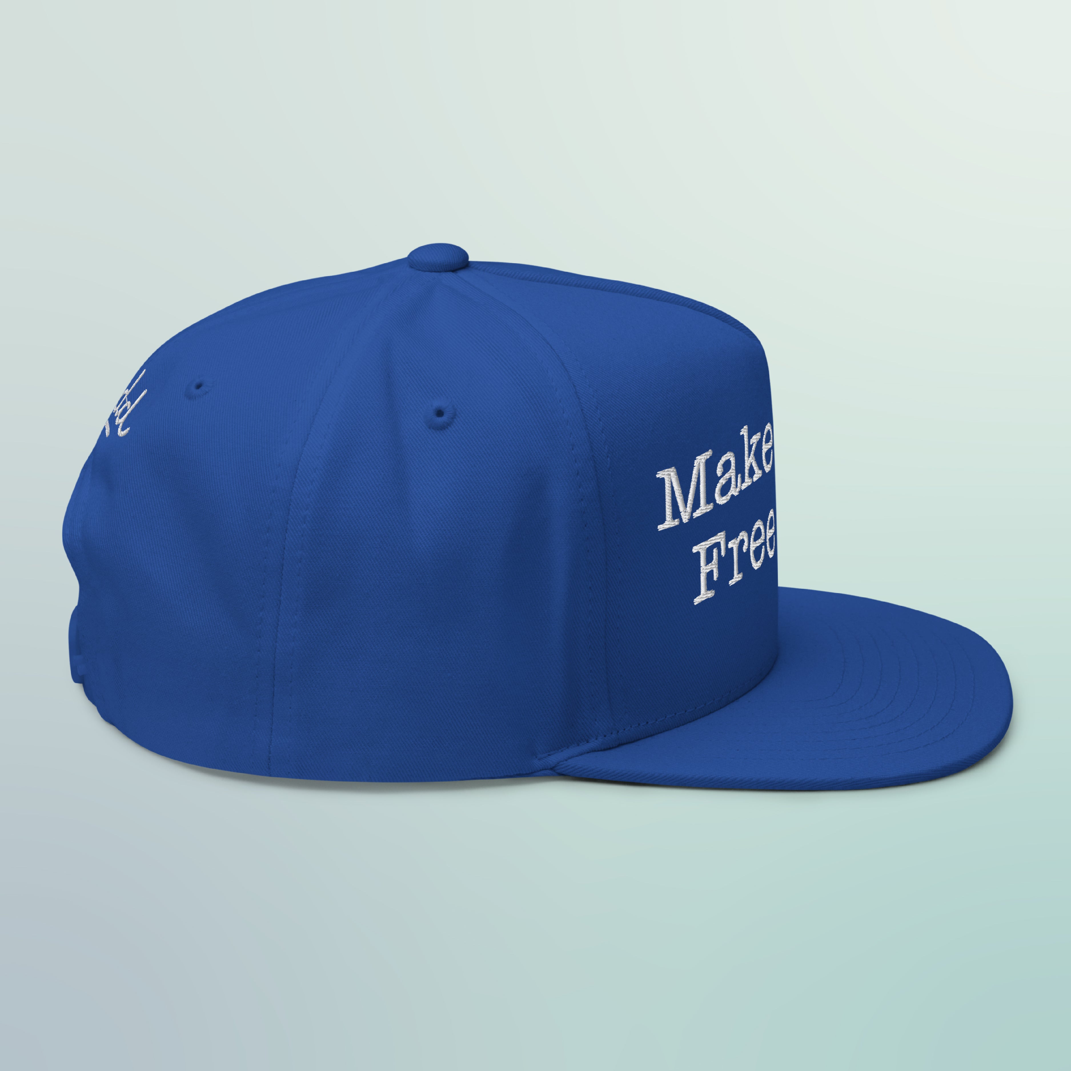 A blue hat that reads "Make Speech Free Again"