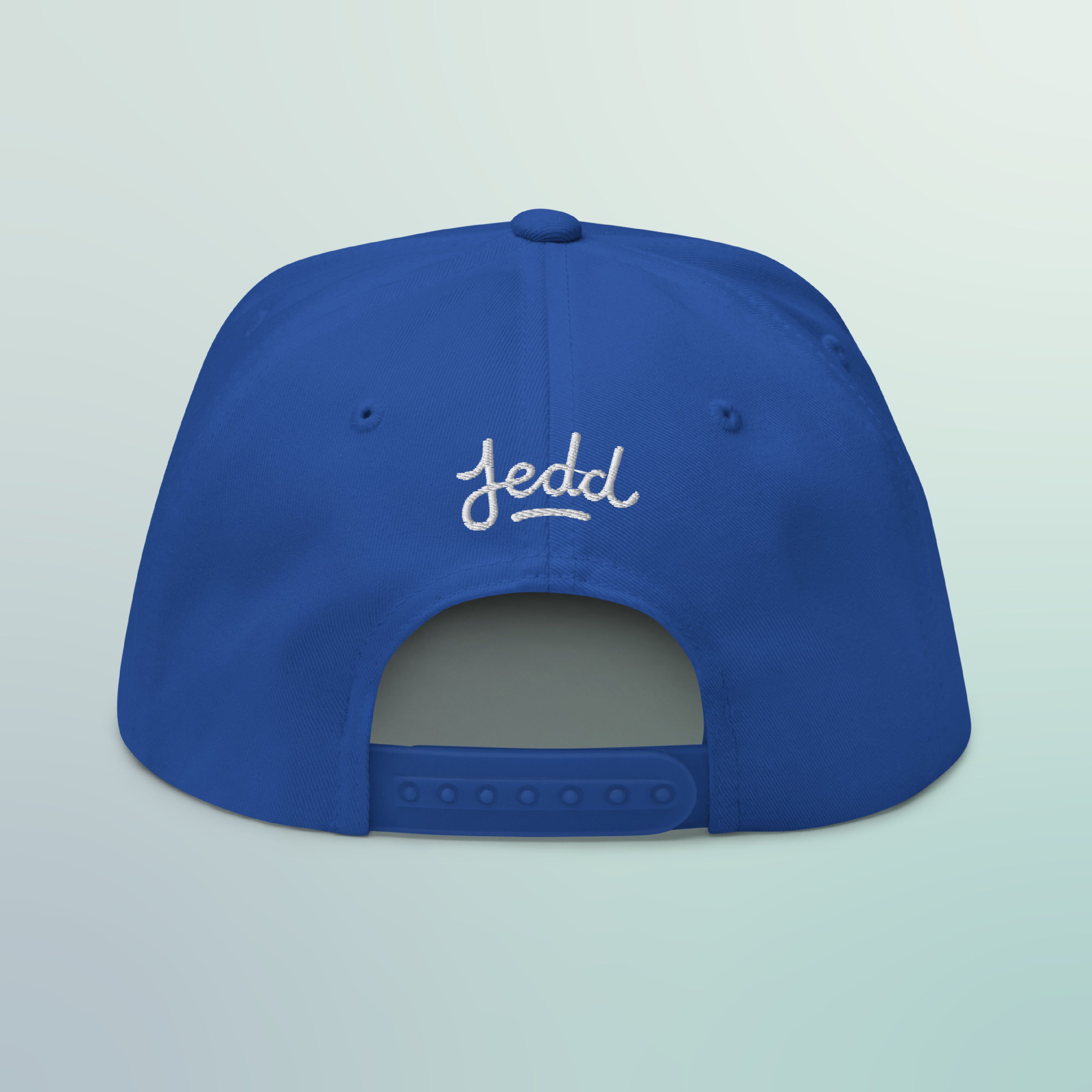 The back of a blue hat with Jedd Logo