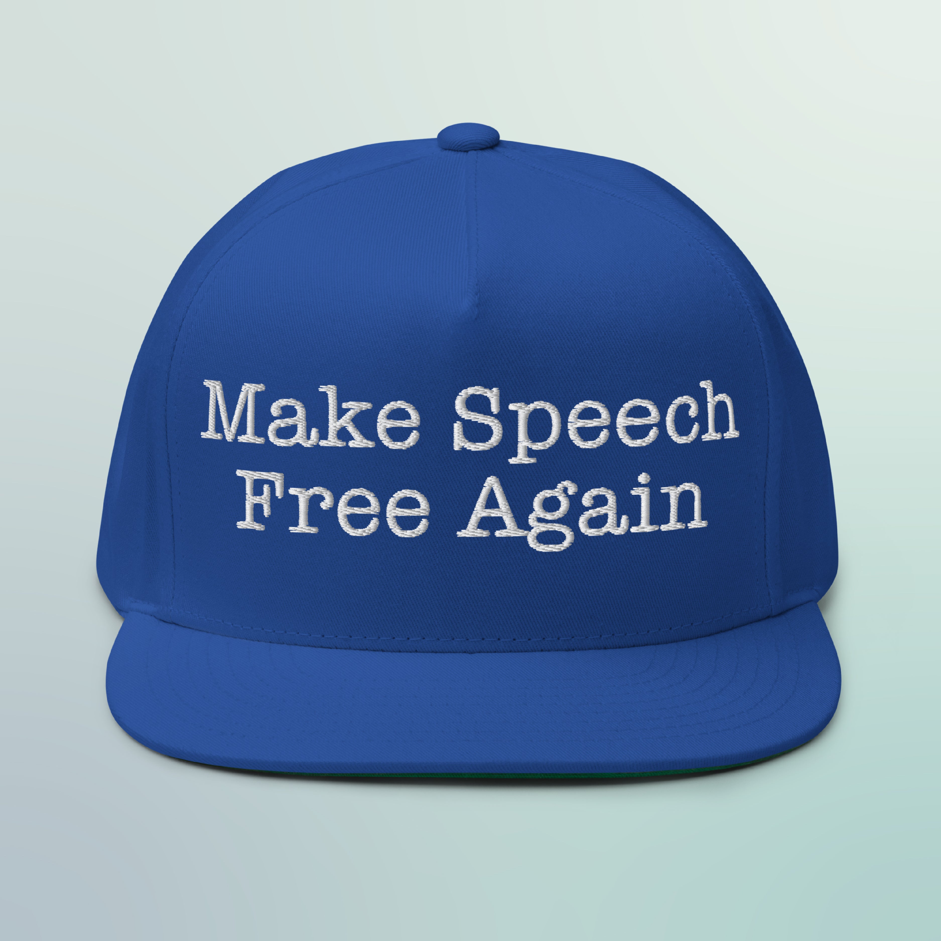A blue hat that reads "Make Speech Free Again"