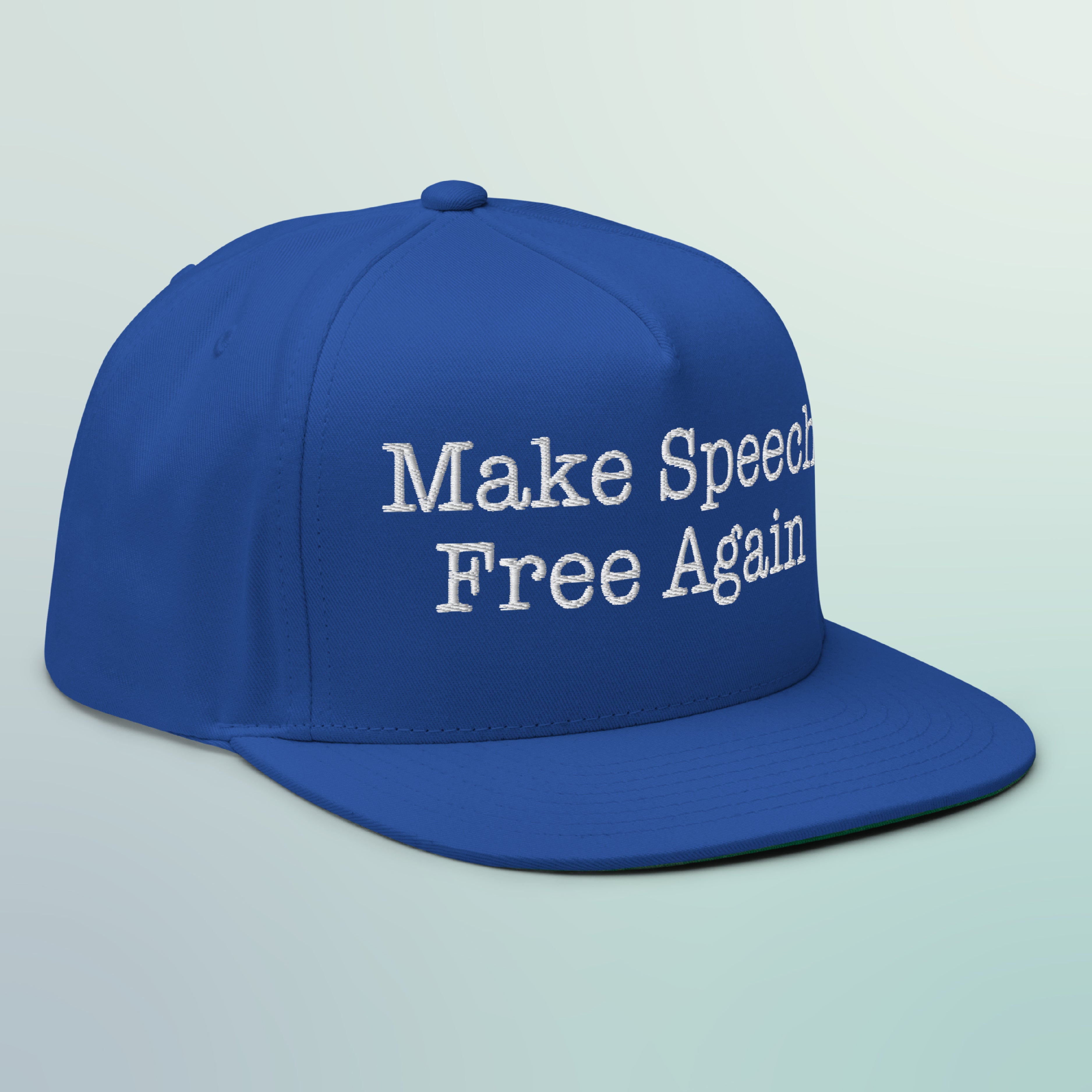 A blue hat that reads "Make Speech Free Again"