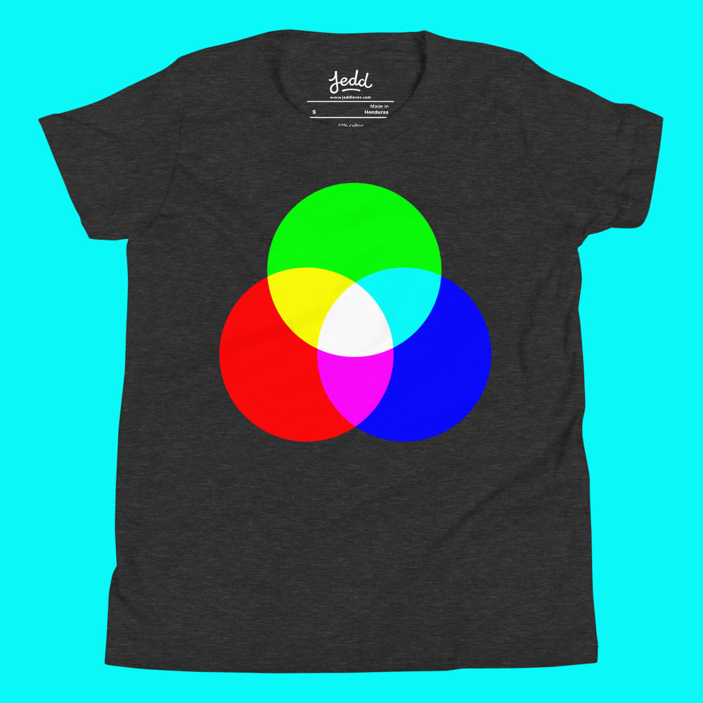 Black t-shirt with a color wheel design on a blue background