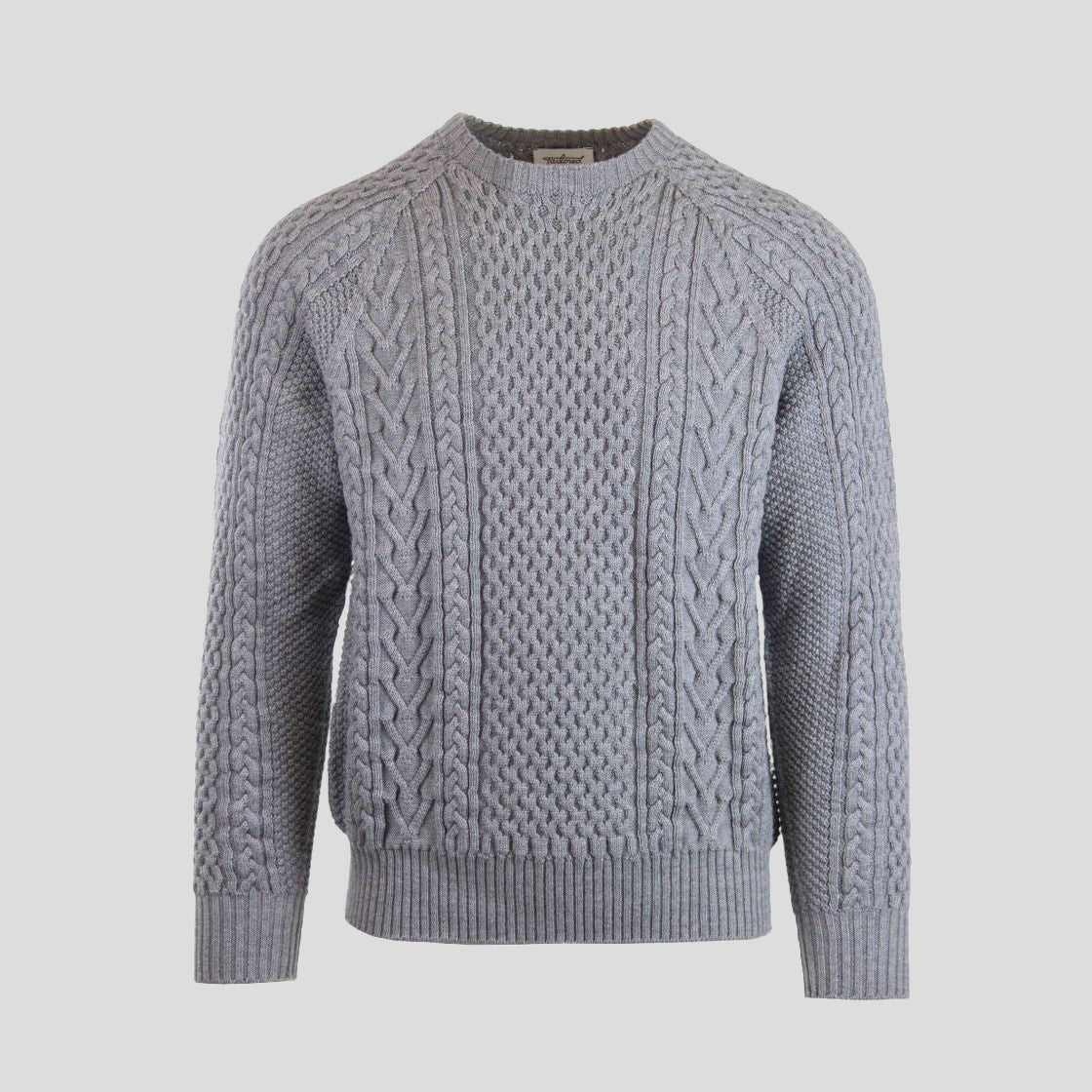 A cable-knit sweater in a heather gray color