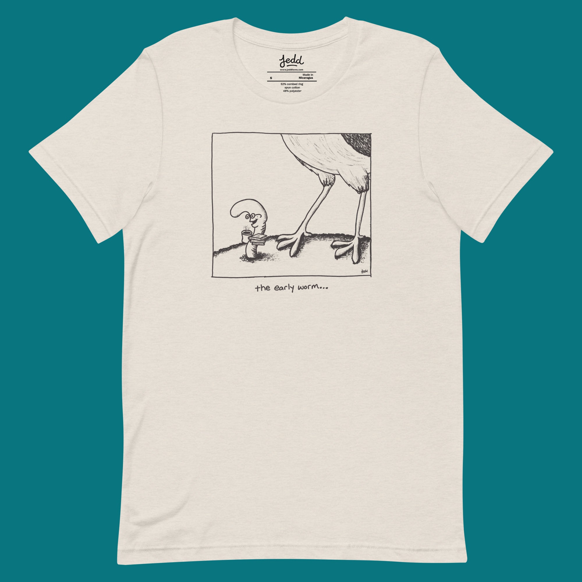 A t-shirt with a cartoon with a bird looming over a worm with a caption that says "the early worm..."