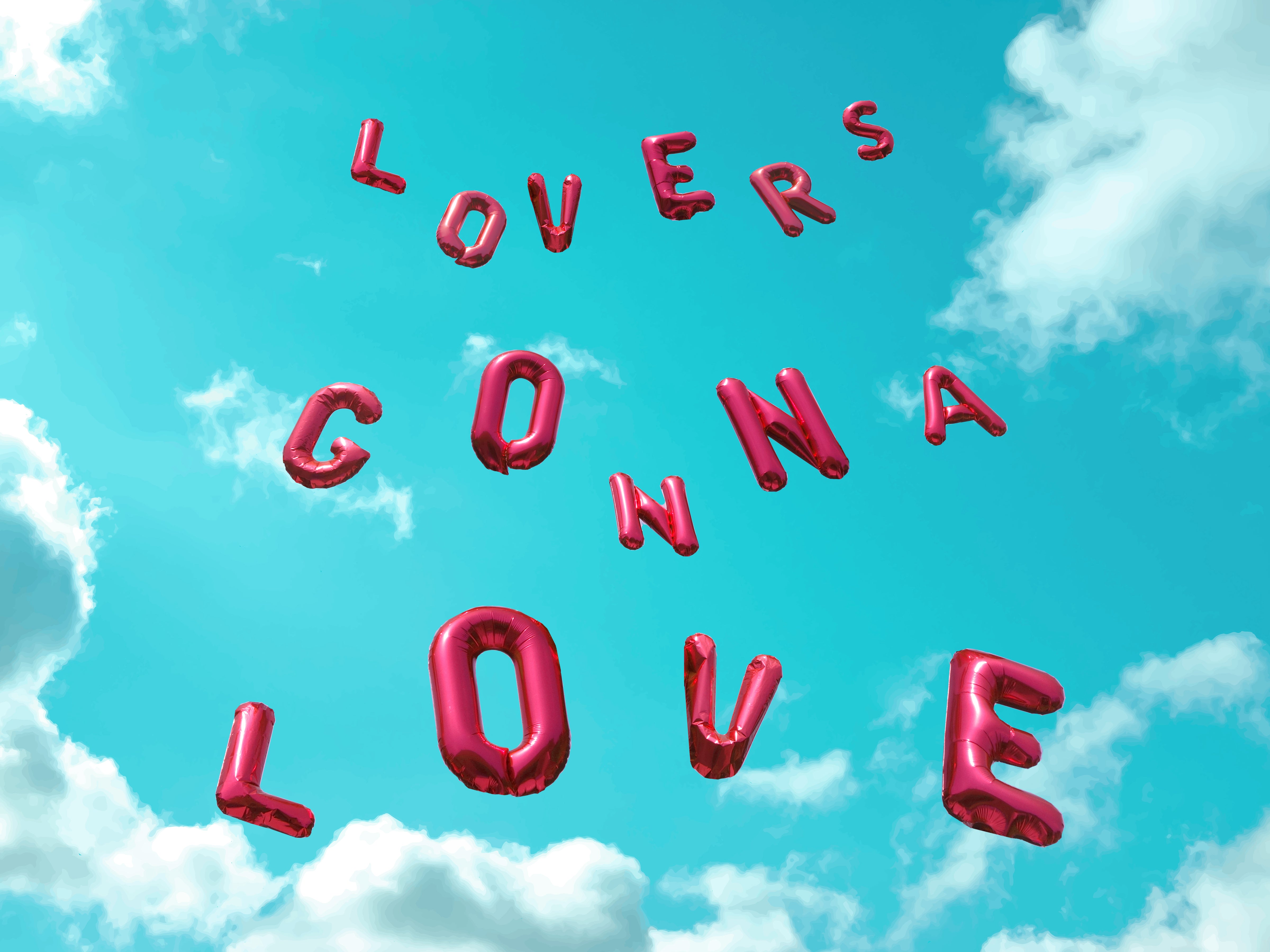 An illustration of the sky with mylar balloons that read out "Lovers Gonna Love"