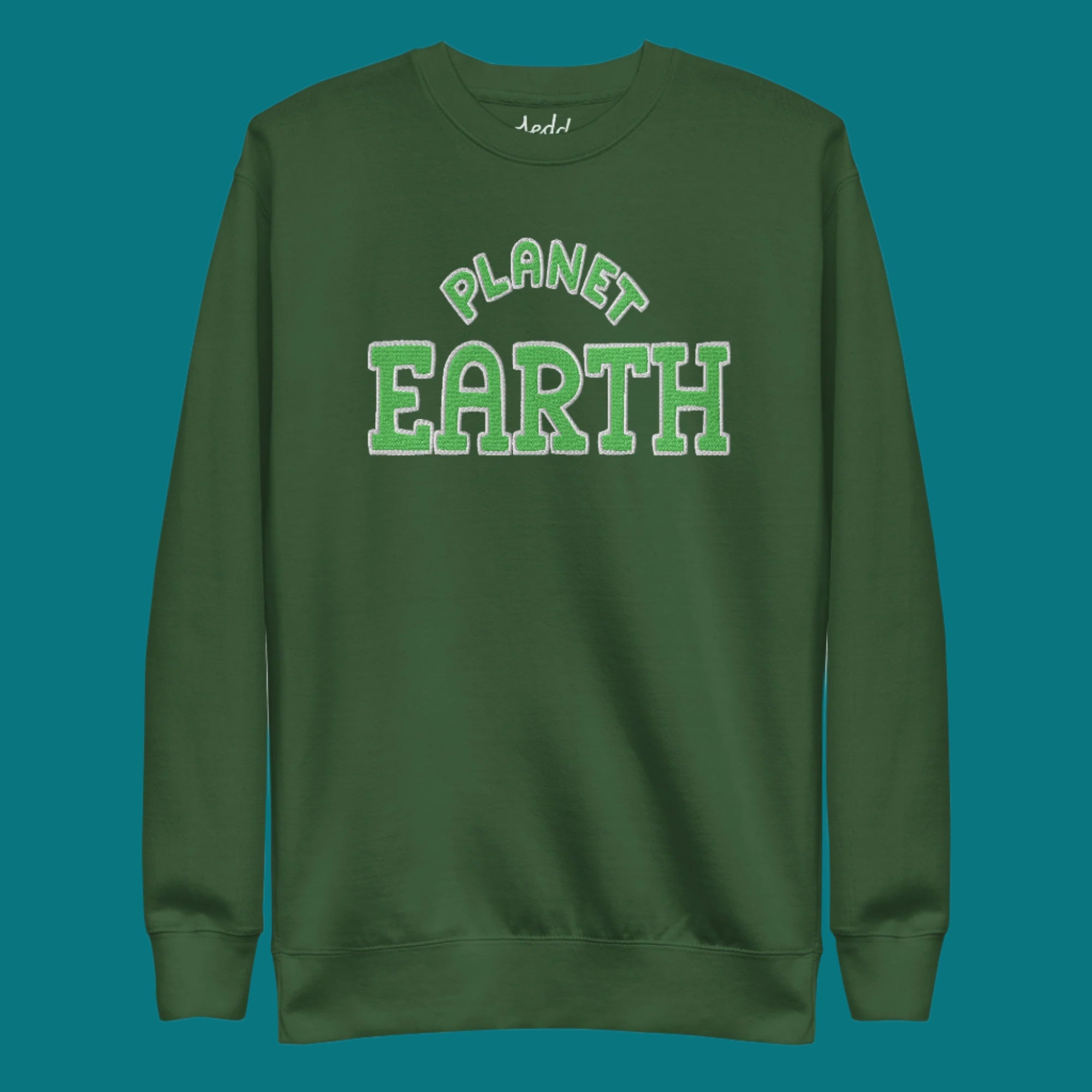 A forest green sweatshirt that reads Planet Earth