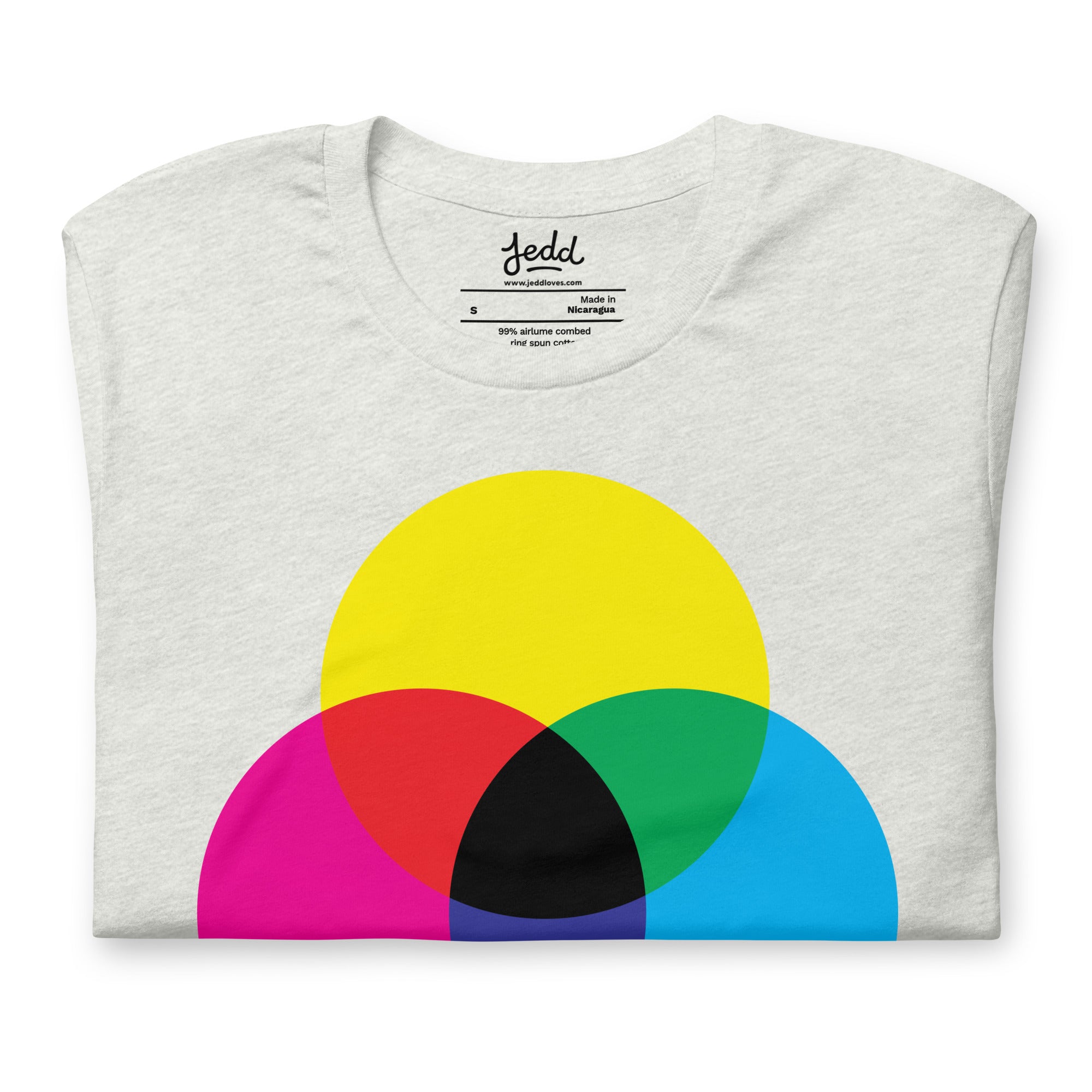 A light gray heather gray t-shirt with CMY circles creating dark gray in the center.