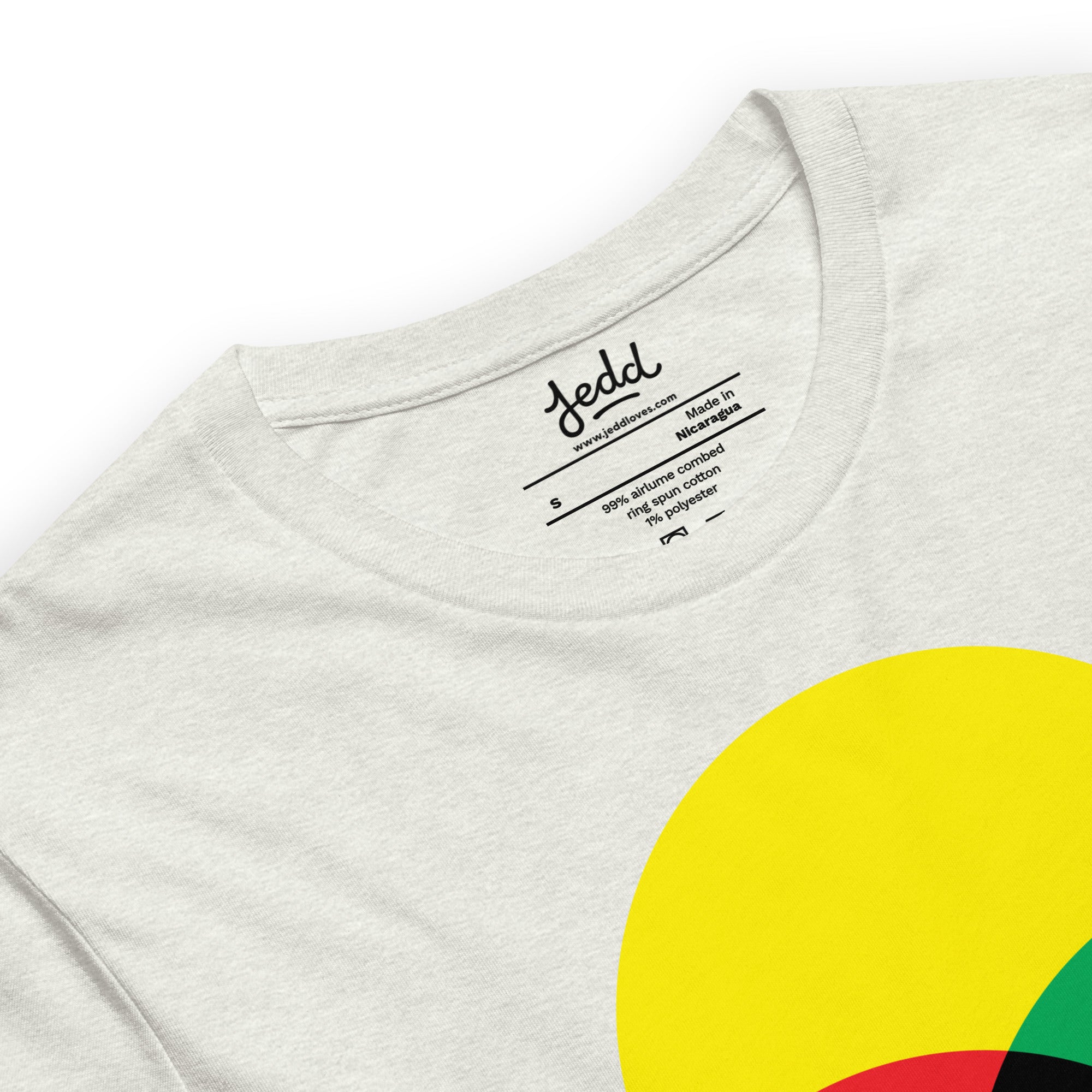 A light gray heather gray t-shirt with CMY circles creating dark gray in the center.