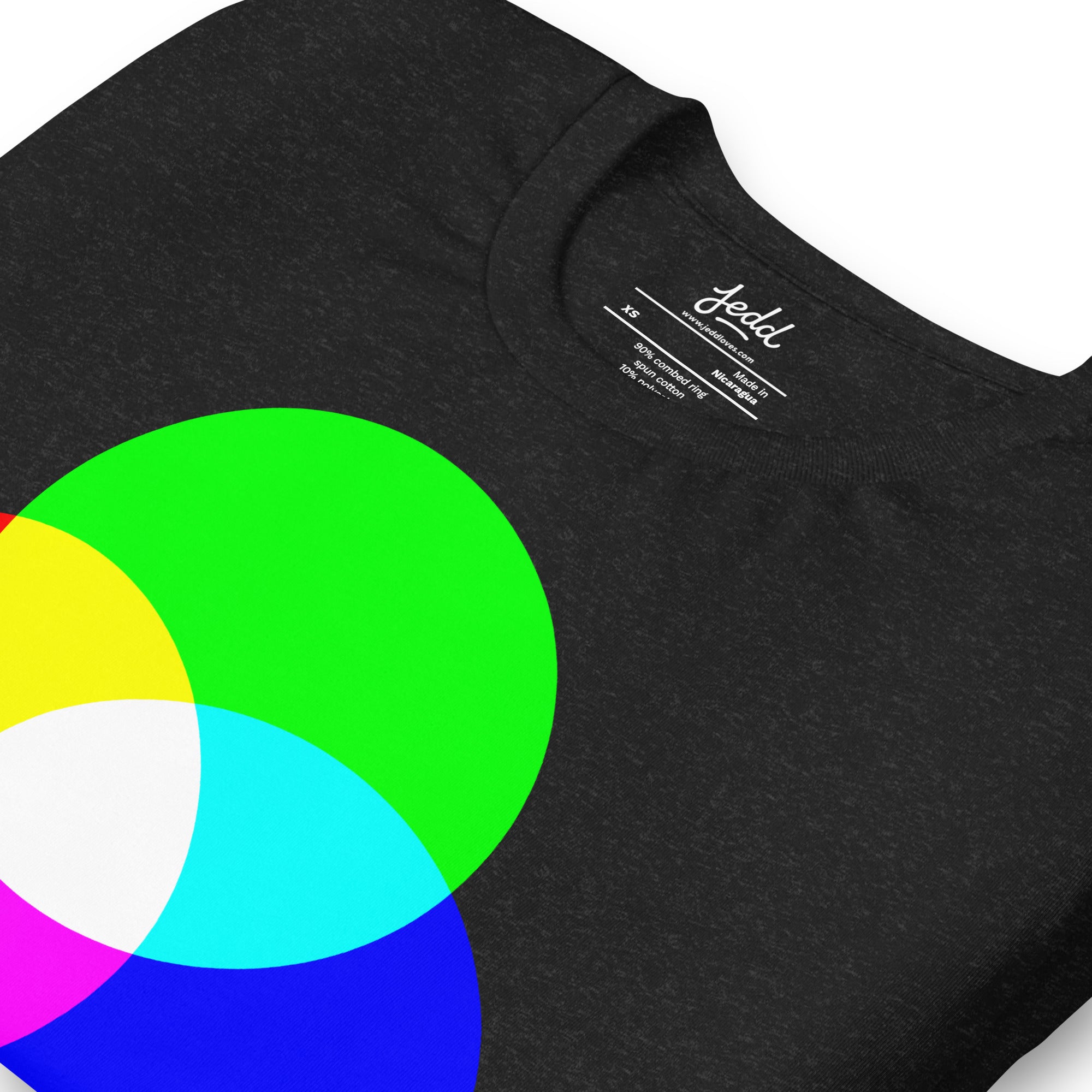 A dark heather gray t-shirt with RGB circles creating white light in the center.