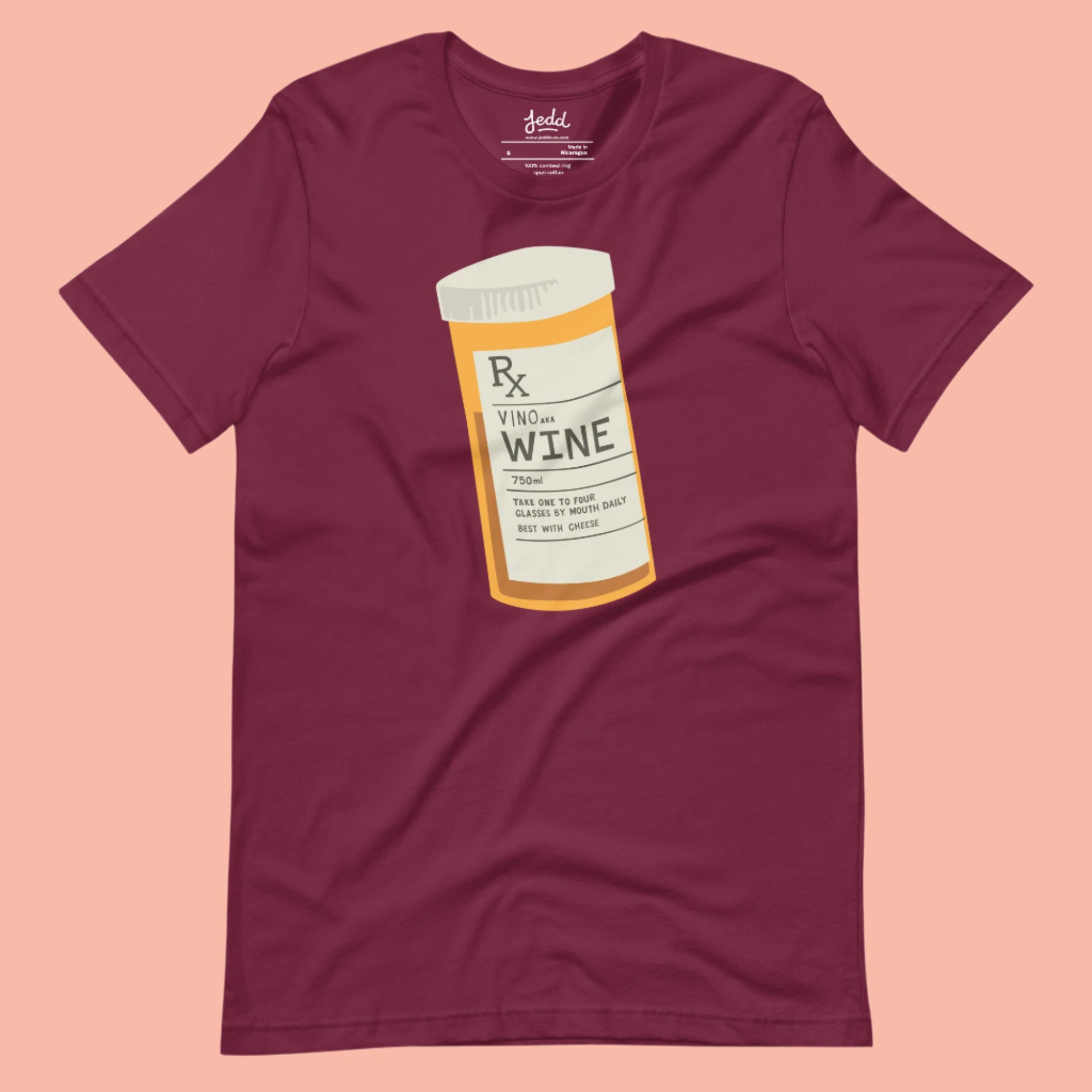 A maroon shirt with a prescription bottle illustration that reads "wine"