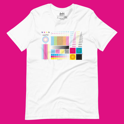 White t-shirt with colorful pattern on a pink background