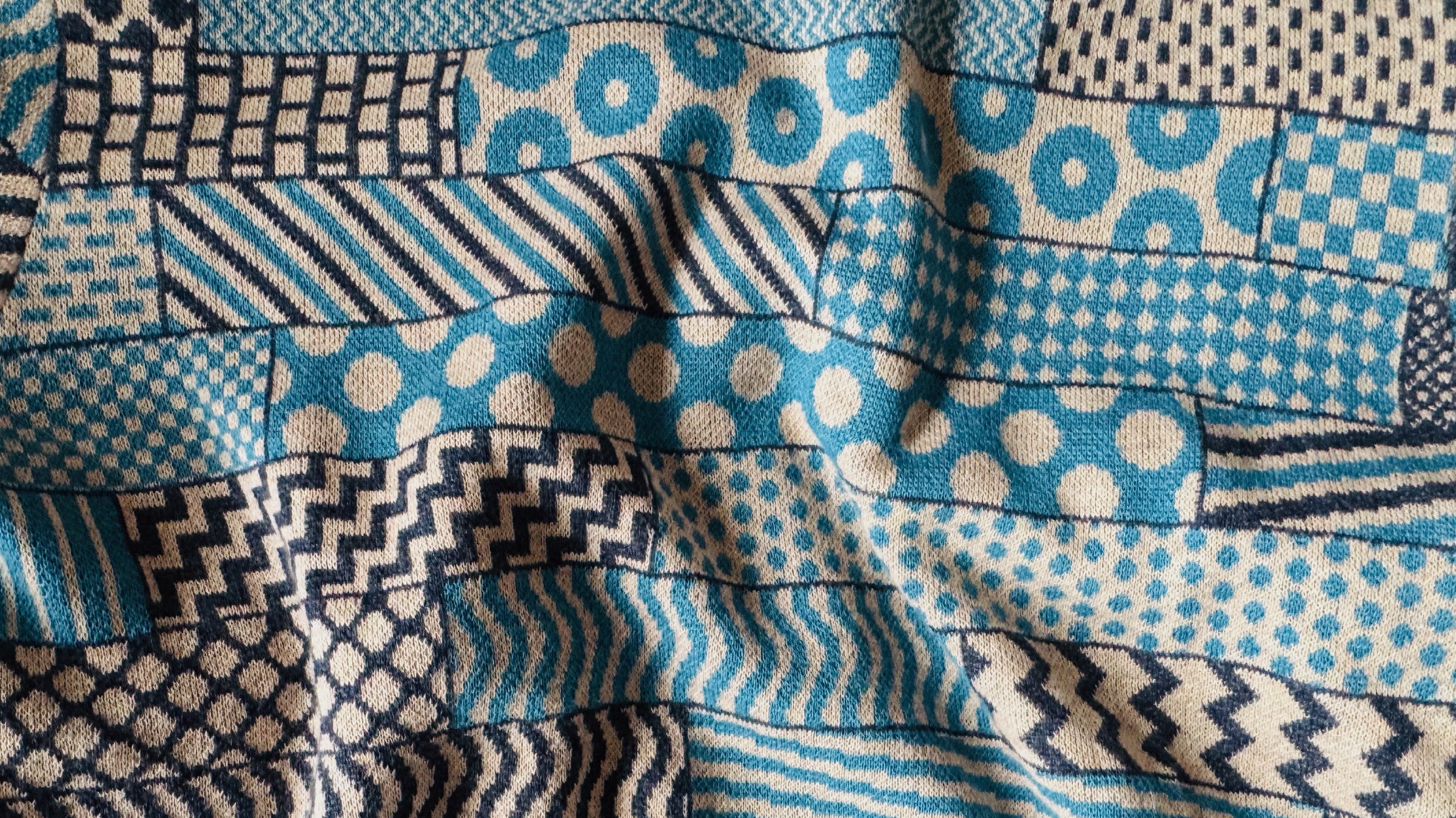 Close-up of a fabric with blue and white patterns