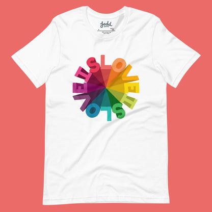 White t-shirt with colorful 'LOVE' design on a pink background