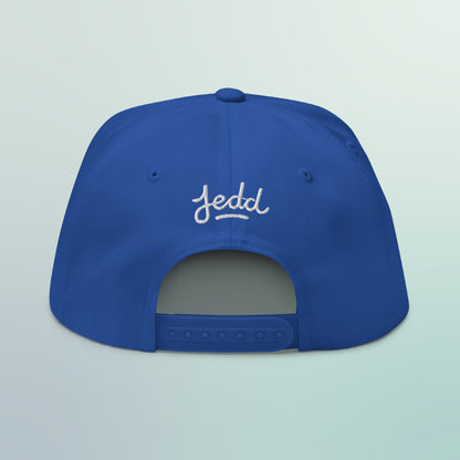 The back of a blue hat with Jedd Logo