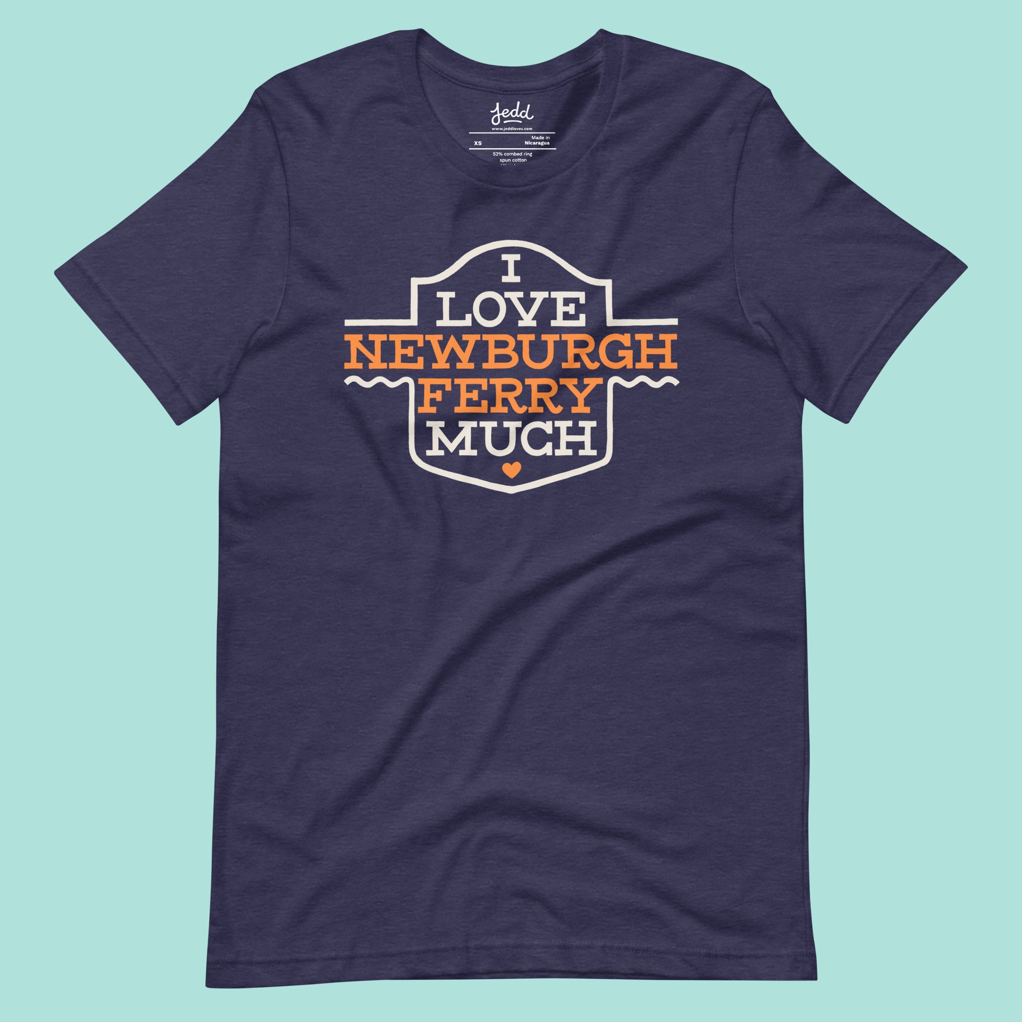 Navy blue t-shirt with 'I Love Newburgh Ferry Much' text on a light blue background