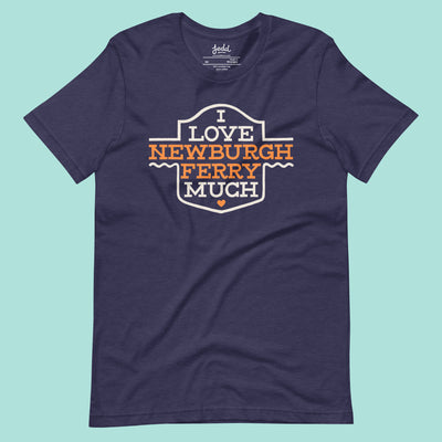 Navy blue t-shirt with 'I Love Newburgh Ferry Much' text on a light blue background