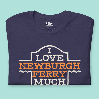 Folded navy blue t-shirt with 'I Love Newburgh Ferry Much' text on a light blue background
