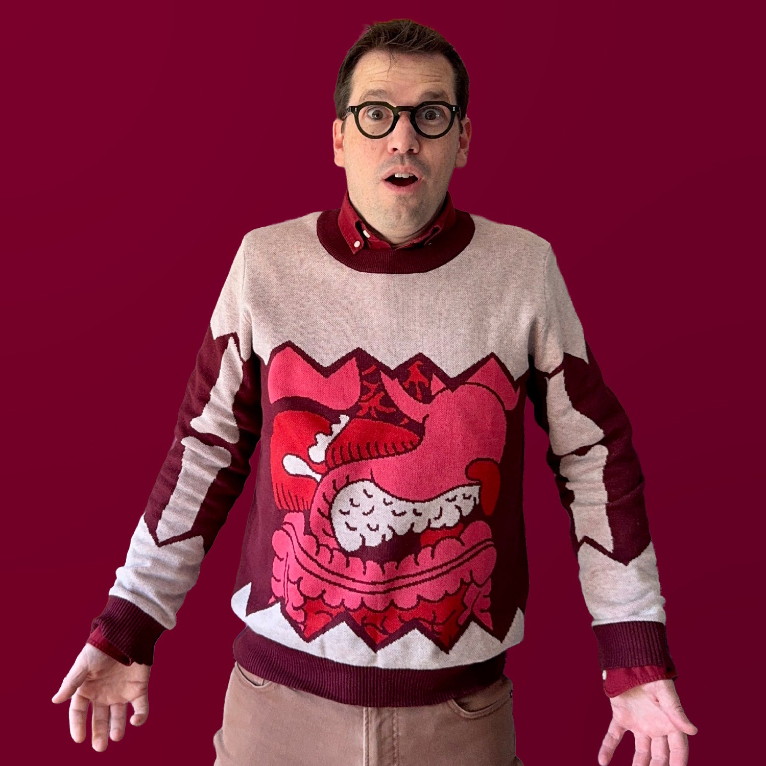 Jedd wearing a gray sweater with a detailed illustration of guts over the stomach.