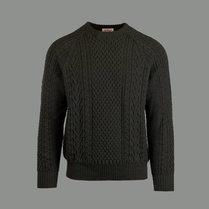 A cable-knit sweater in a dark green color