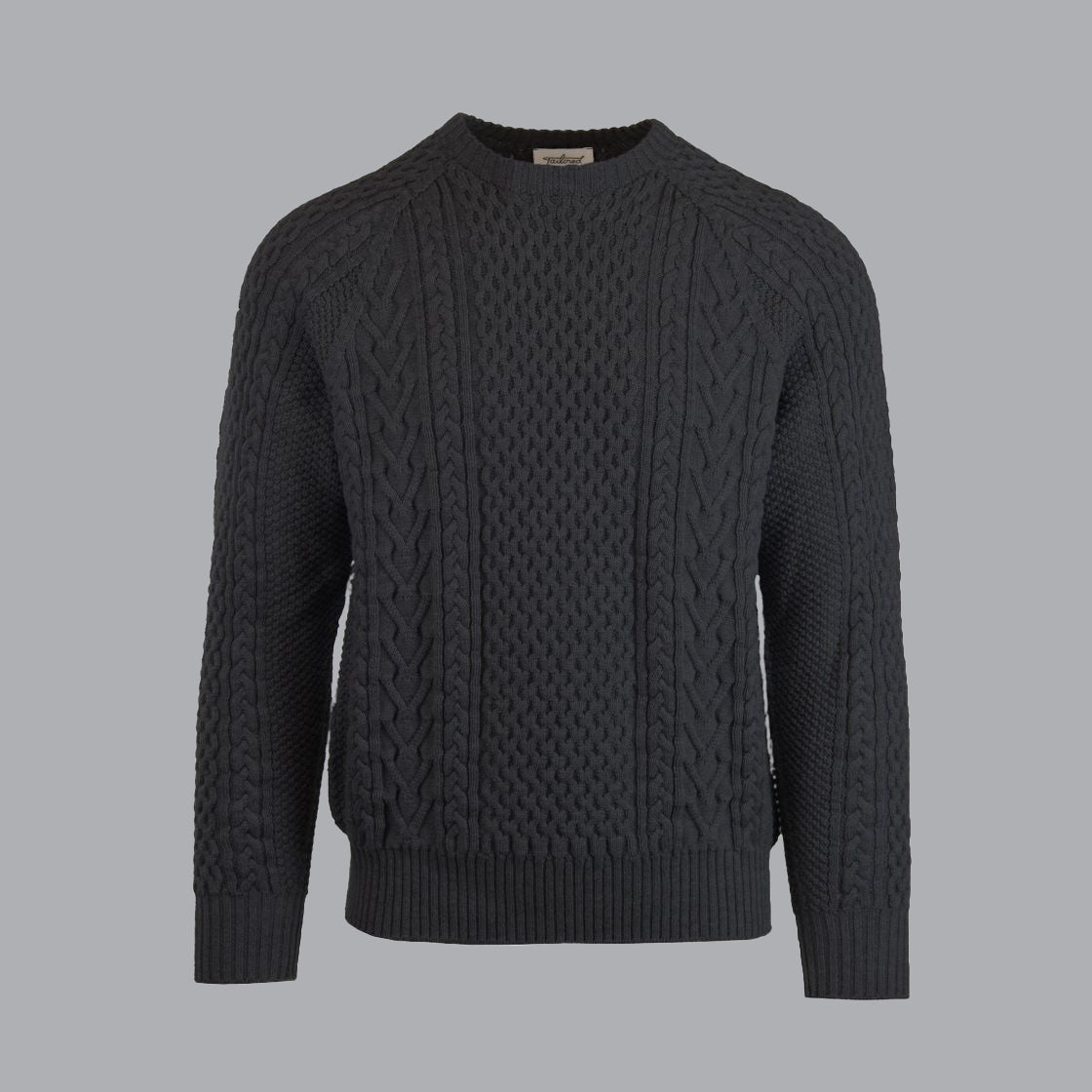 A cable-knit sweater in a dark gray color