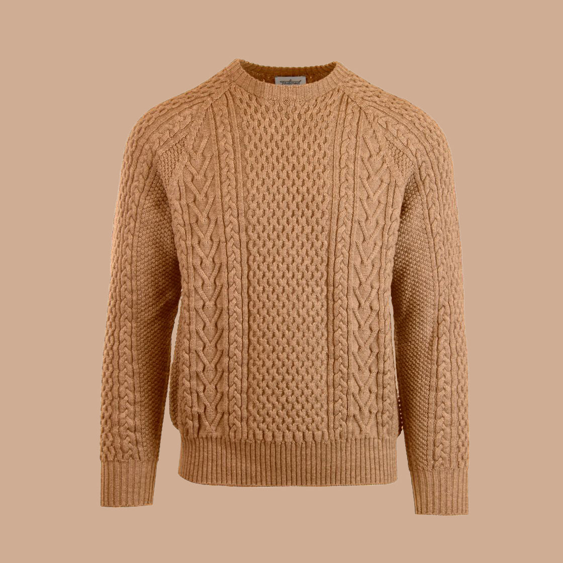 A cable-knit sweater in a khaki color