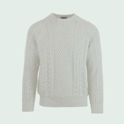 A cable-knit sweater in a light gray color