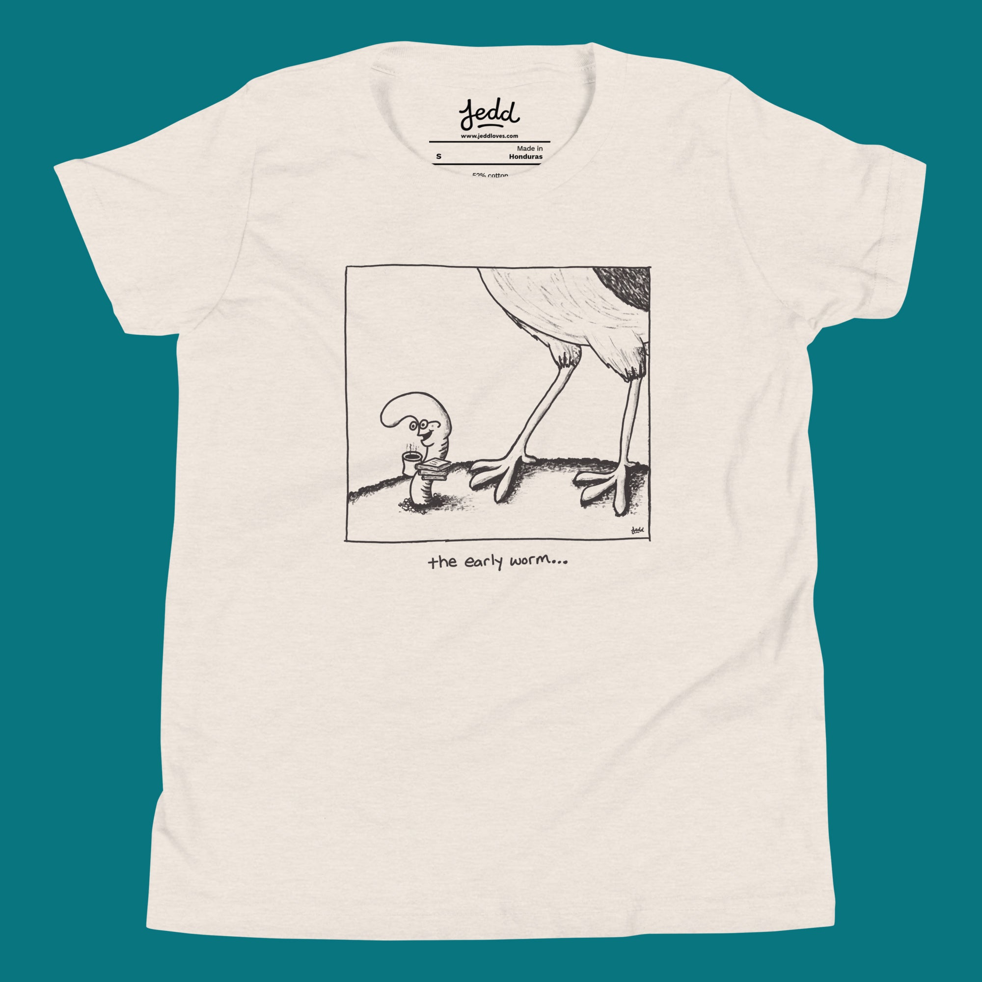 A t-shirt with a cartoon that shows a bird looming over a worm, with a caption that reads "the early worm..."