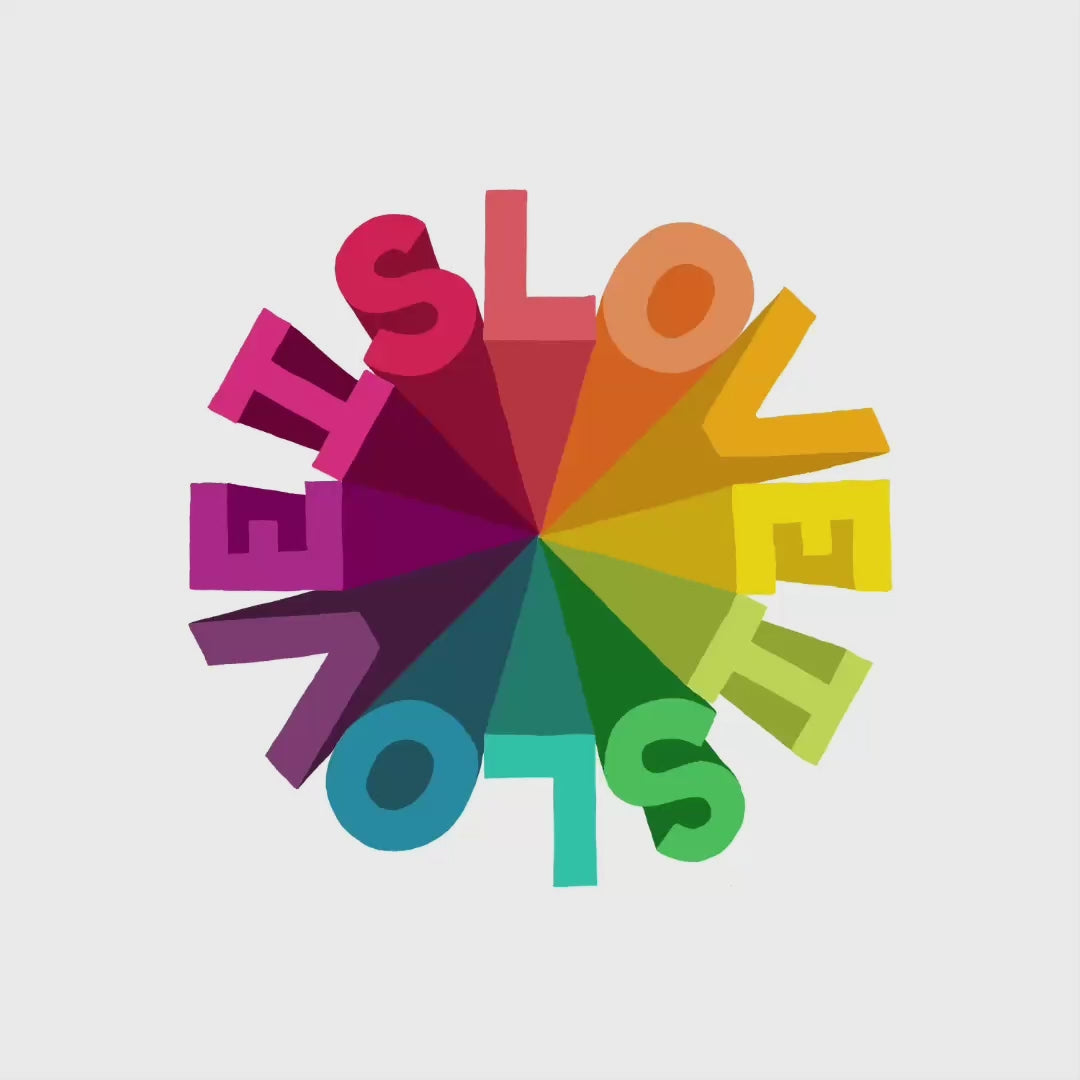 Load video: A time lapse of the drawing of a circle design saying Love Is Love Is Love in rainbow colors