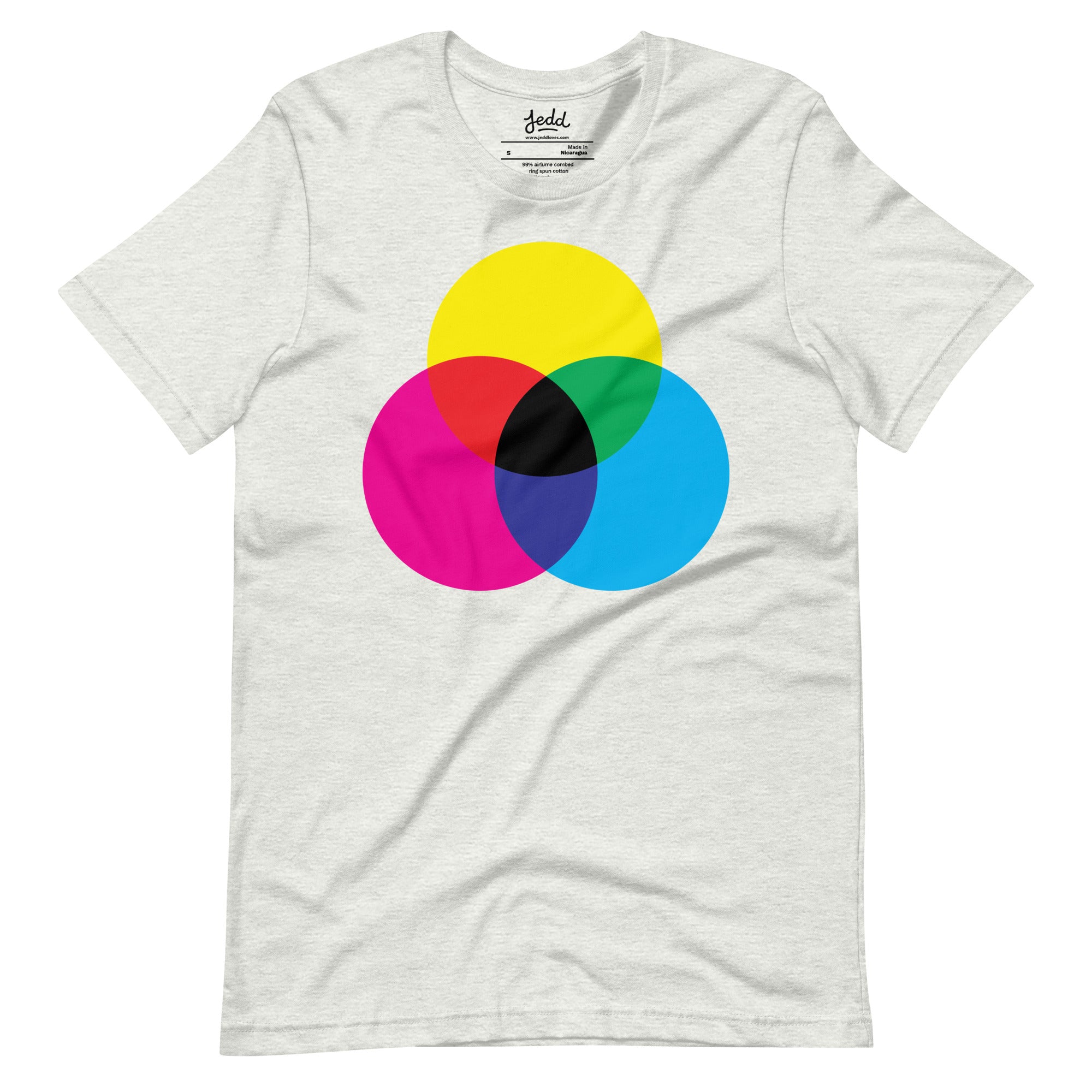 A light gray heather gray t-shirt with CMY circles creating dark gray in the center.