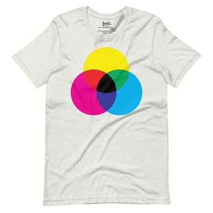 A light gray heather gray t-shirt with CMY circles creating dark gray in the center.