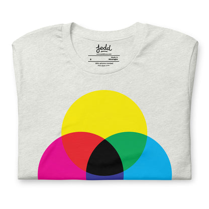 A light gray heather gray t-shirt with CMY circles creating dark gray in the center.
